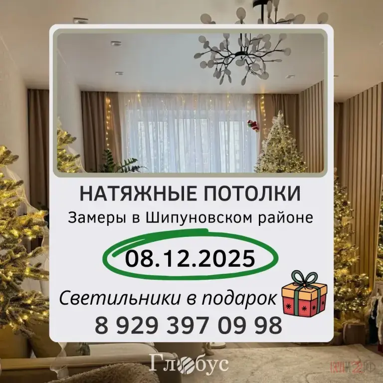 Натяжные потолки в Шипуново и Шипуновском районе: БЕСПЛАТНЫЙ замер 08.12.2025 + Светильники в подарок!