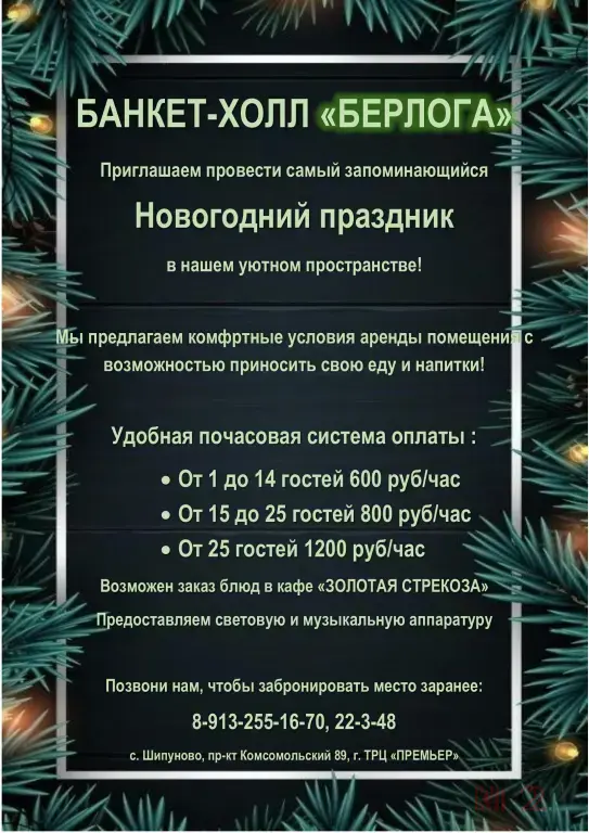 БАНКЕТ-ХОЛЛ БЕРЛОГА Приглашаем провести самый запоминающийся Новогодний праздник в нашем уютном пространстве!